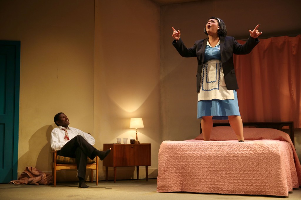 Candy Bowers as Camae and Pacharo Mzembe as Dr Martin Luther King in QTC's The Mountaintop  shot by Rob Mccoll